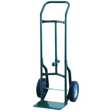 Green hand truck with solid rear wheels and flat nose plate, upright position.