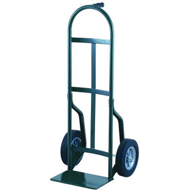Green hand truck with curved handle and solid wheels, flat nose plate.