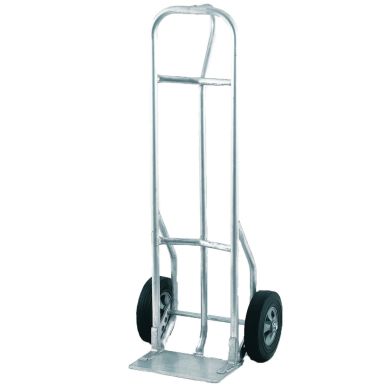Metal hand truck with solid wheels and a flat base plate, shown upright.