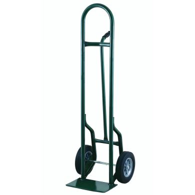 Hand truck with curved handle and two solid wheels, green metal frame