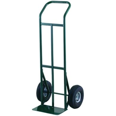 Green hand truck with curved handle, solid wheels, and a flat base.