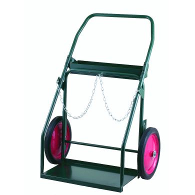 Hand truck with a green metal frame and pink wheels, featuring a chain attachment.