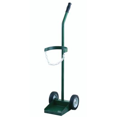 Hand truck with curved handle, two solid wheels, and a chain for securing loads.
