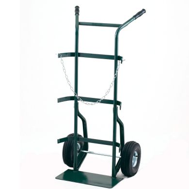 Green hand truck with two solid wheels and a chain for securing loads.