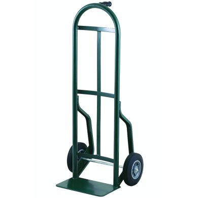 Green hand truck with curved handle and solid wheels, upright position.