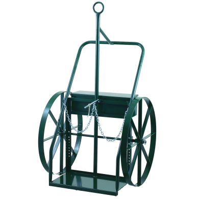 Green hand truck with two large wheels and a chain attachment for secure loads.