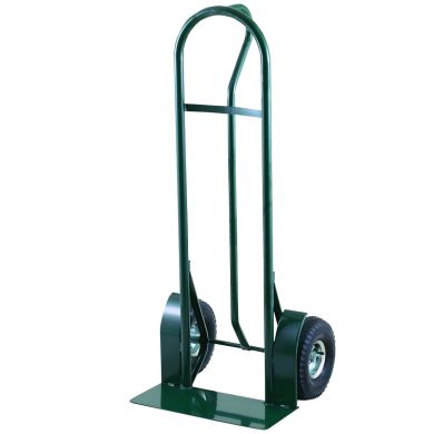 Green hand truck with a curved handle and solid wheels, standing upright.