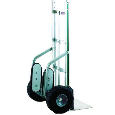 Stair-climbing hand truck with dual solid wheels and metal frame, shown upright.