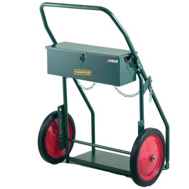 Hand truck with green metal frame, red wheels, and storage box on top.