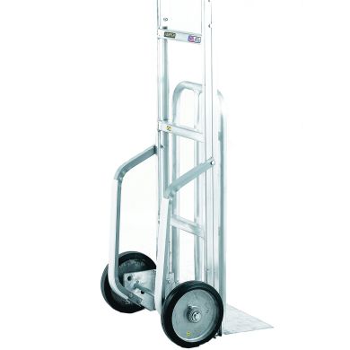 Aluminum hand truck with curved handles and solid wheels, featuring a flat nose plate.