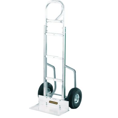 Metal hand truck with two solid wheels and curved handle.