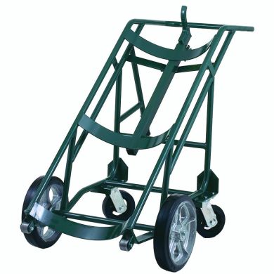 Heavy-duty hand truck with dual solid wheels and curved handle, green frame.