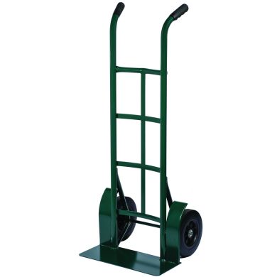 Green hand truck with two solid wheels and curved handle