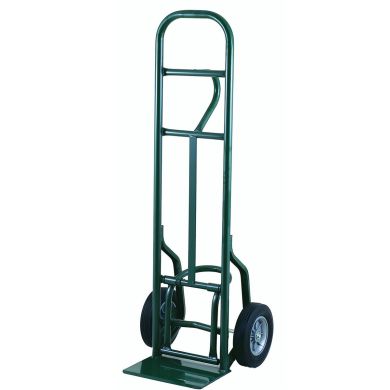 Green hand truck with solid rubber wheels and a flat nose plate, upright position.
