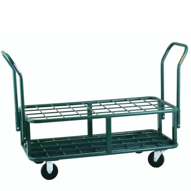 Green push cart with two handles and four wheels, wire grid base.