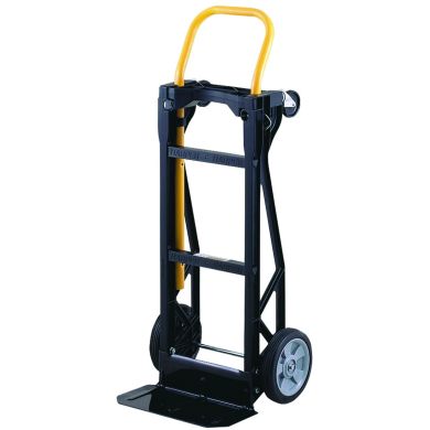 Hand truck with yellow handle, black frame, and solid wheels, shown upright.