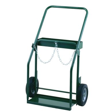 Green hand truck with curved handle and chain, featuring solid wheels.