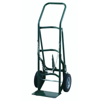 Hand truck with curved handle, two black solid wheels, and chain attachment.
