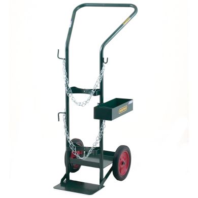 Hand truck with chains, tool tray, and solid wheels, black and red, upright position.