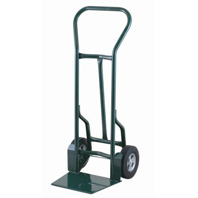 Hand truck with curved handle and two solid rubber wheels, green metal frame.