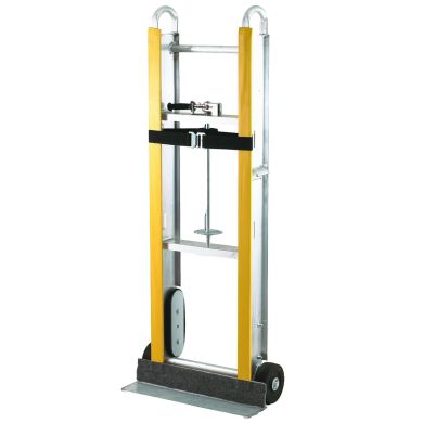 Convertible dolly features metal frame, folding nose plate, and two solid wheels.