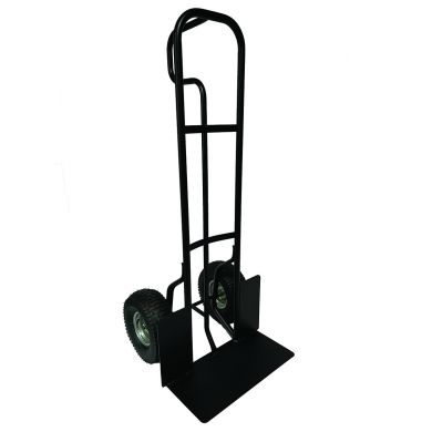 Black hand truck with curved handle and solid base, featuring pneumatic wheels.