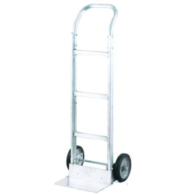 Aluminum hand truck with curved handle and solid wheels.