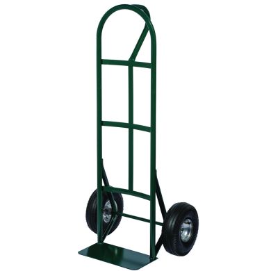 Green hand truck with solid rubber wheels and flat nose plate, shown upright.