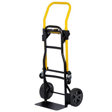 Hand truck with yellow handle, black frame, and solid wheels, shown upright.