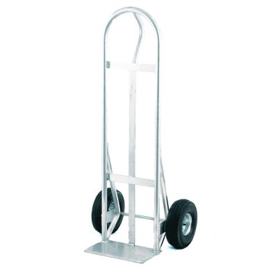 Aluminum hand truck with curved handle and solid rubber wheels against white background.