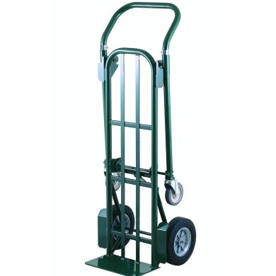 Green hand truck with a curved handle and two solid wheels.