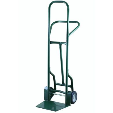Green hand truck with curved handle and solid wheels, shown on a white background.