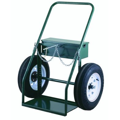 Heavy-duty hand truck featuring an enclosed basket and solid wheels, green frame.
