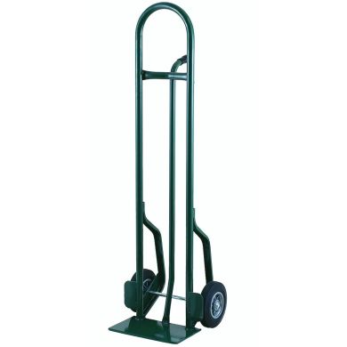 Heavy-duty hand truck with curved handle, two solid wheels, and flat nose plate.