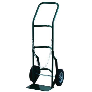 Hand truck with chain attachment and two solid wheels, green metal frame.