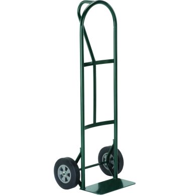 Green hand truck with curved handle, solid wheels, and a flat nose plate.