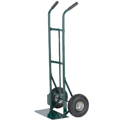Green hand truck with rubber wheels and curved handles, shown upright.