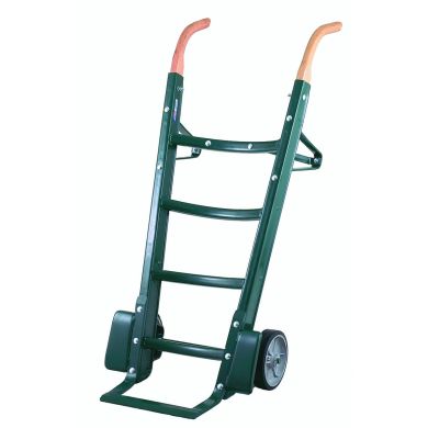 Green hand truck with curved wooden handles and solid wheels, shown upright.