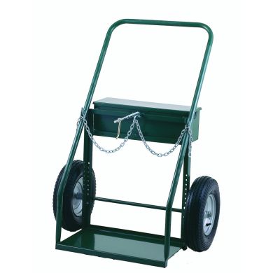 Green hand truck with solid wheels and a storage compartment on top, featuring a chain.