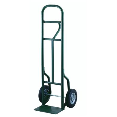 Green hand truck with curved handle and solid wheels, featuring a flat nose plate.