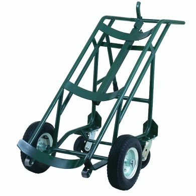 Green stair-climbing hand truck with large rubber wheels and curved handle.
