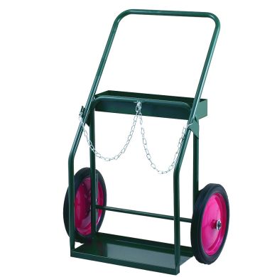 Hand truck with a green frame and pink wheels, featuring a chain attachment.