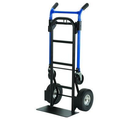 Hand truck with blue and black frame, solid wheels, and flat base plate.
