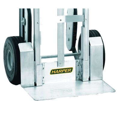 Hand truck with solid wheels, metal frame, and reinforced nose plate.