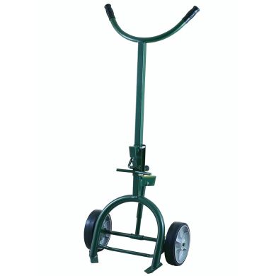 Heavy-duty hand truck with curved handle and two solid wheels, green frame.