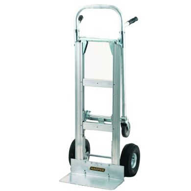 Convertible hand truck with steel frame and solid wheels, features a flat nose plate.
