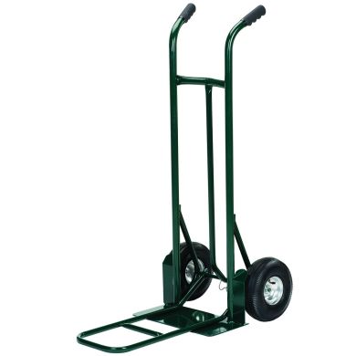 Green hand truck with curved handle and solid rubber wheels