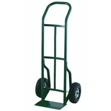 Green hand truck with curved handle and two rubber wheels.
