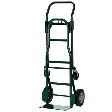 Green hand truck with two solid wheels and curved handle.