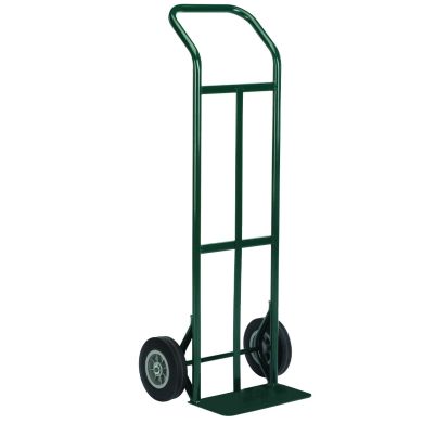 Green hand truck with curved handle and solid wheels, shown upright.
